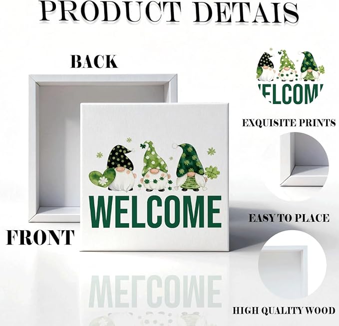 St. Patrick's Day Welcome Decor Wooden Box Sign, Irish Gnome Tabletop Welcome Sign for Home Entryway Shelf Desk, Cute Farmhouse Holiday Wooden Decoration for Irish Theme Home 5 x 5 Inches
