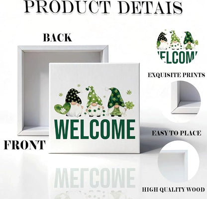 St. Patrick's Day Welcome Decor Wooden Box Sign, Irish Gnome Tabletop Welcome Sign for Home Entryway Shelf Desk, Cute Farmhouse Holiday Wooden Decoration for Irish Theme Home 5 x 5 Inches