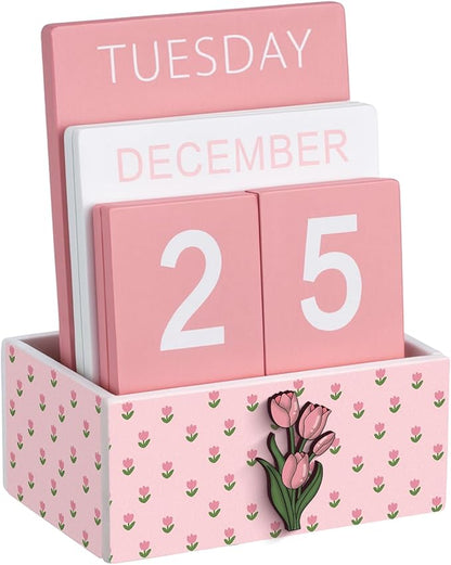 Pink Tulip Wood Block Perpetual Calendar Coquettish Desk Decor Cute Month Week Date Display Decorative Block Calendar for Women Office Home Desk Gift for Women