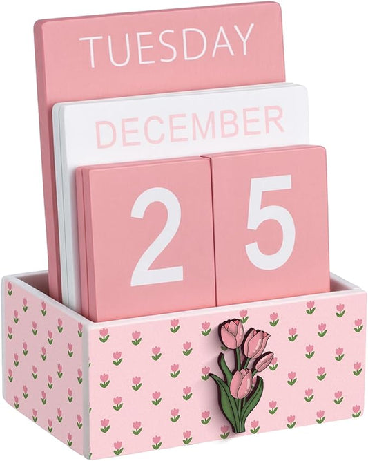 Pink Tulip Wood Block Perpetual Calendar Coquettish Desk Decor Cute Month Week Date Display Decorative Block Calendar for Women Office Home Desk Gift for Women
