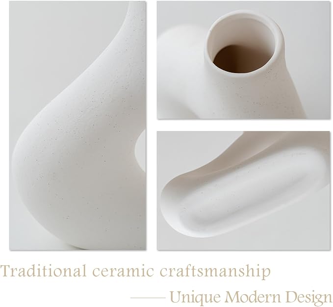 White Ceramic Modern Flower Vase, Nordic Coffee Table Home Decor Vases for Bookshelf, Minimalist Centerpiece, Living Room, Entry Way, Dining Tables, Desk