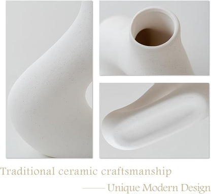 White Ceramic Modern Flower Vase, Nordic Coffee Table Home Decor Vases for Bookshelf, Minimalist Centerpiece, Living Room, Entry Way, Dining Tables, Desk