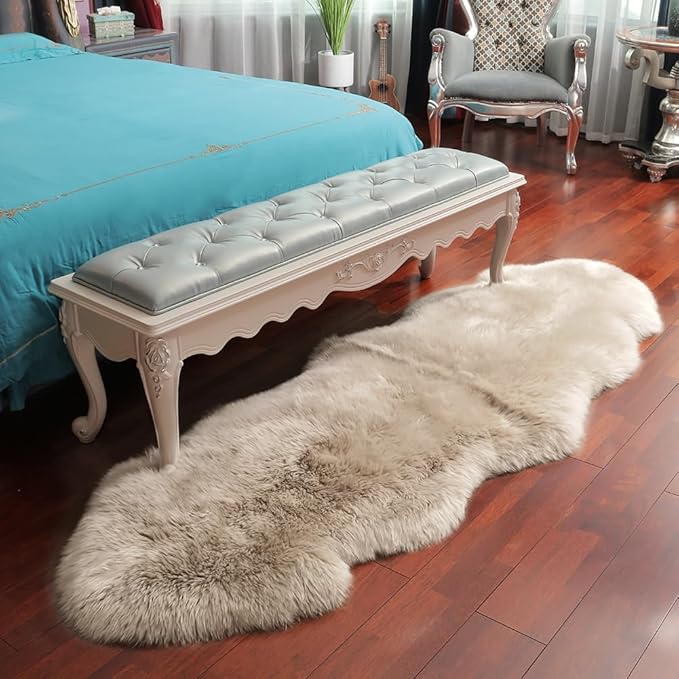 Premium Genuine Fur Sheepskin Rug Real Australia Sheepskin Natural Luxury Fluffy Lambskin Fur Area Rug Seat Covers for Kids Bedroom Sofa Chair Cover (Creamy Gray, Double Pelt/2ft x 6ft)