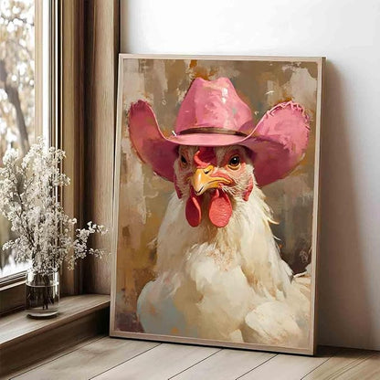 Farm Animal Prints Farmhouse Chicken Artwork Funny Animal Wall Art Vintage Cowboy Print Hen Rooster Painting Vintage Western Cowboy Posters Western Chicken Picture Home Decor 16x24inch No Frame