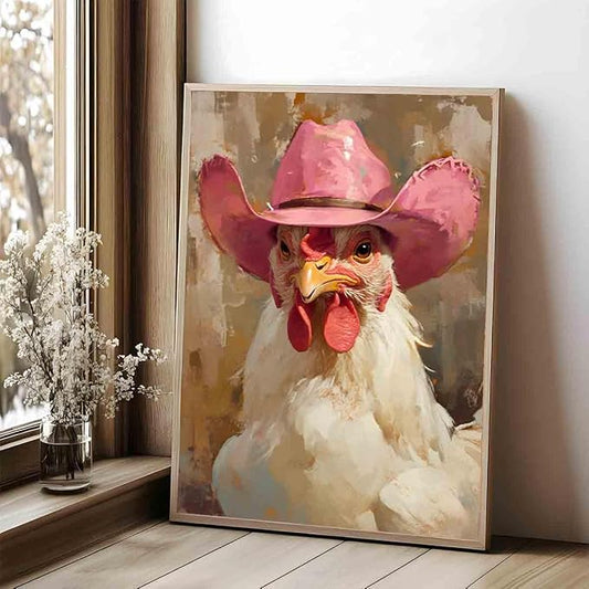 Farm Animal Prints Farmhouse Chicken Artwork Funny Animal Wall Art Vintage Cowboy Print Hen Rooster Painting Vintage Western Cowboy Posters Western Chicken Picture Home Decor 16x24inch No Frame