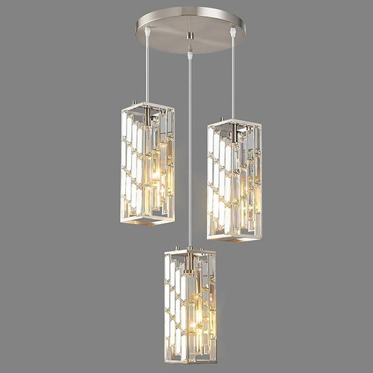Brass Nickel Pendant Lighting Modern Pendant Light, Mini Crystal Chandeliers,Adjustable Pendant Light Fixture for Kitchen Island Dinning Room Bedroom (3 Light)