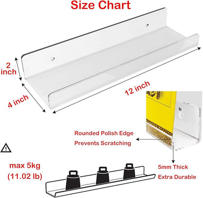 WANLIAN 2 Pack Acrylic Floating Shelves, Clear Wall Mounted Floating Shelf, 12 Inch Acrylic Shelves, for Bathroom, Bedroom, Living Room, Office, Kitchen Spice Rack Picture Ledge Shelf