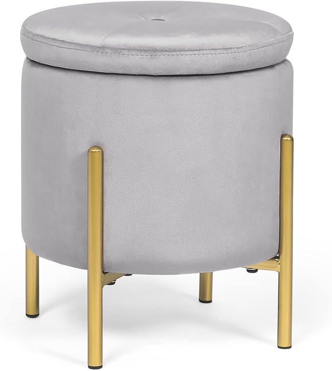 Adeco Upholstered Tufted Round Storage Ottomans, Grey Modern Velvet Footrest Ottomans with Storage for Couch