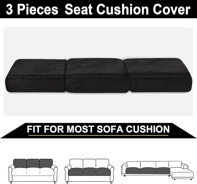 NAISI Couch Cushion Covers 3 Pieces Velvet Stretch Sofa Seat Covers or Backrest Covers Soft Individual Couch Covers for Sectional Sofa(3 Pcs for 3-Seat Cushion,Black)