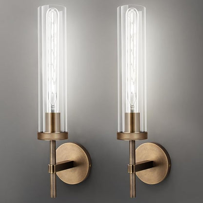 Bronze Wall Sconces Set of Two with White Lights, 19.48'' Brushed Brass Knurled Bathroom Sconces Wall Lighting Vanity Light with Clear Glass for Living Room Mirror Bedroom Stairs