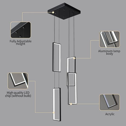 Modern Kitchen Island Dimmable Pendant Light Fixture Black 54W LED Pendant Lights 4 Rings Rectangular Chandelier Staircase Large Chandelier Lobby Living Room Foyer High Ceiling Chandeliers