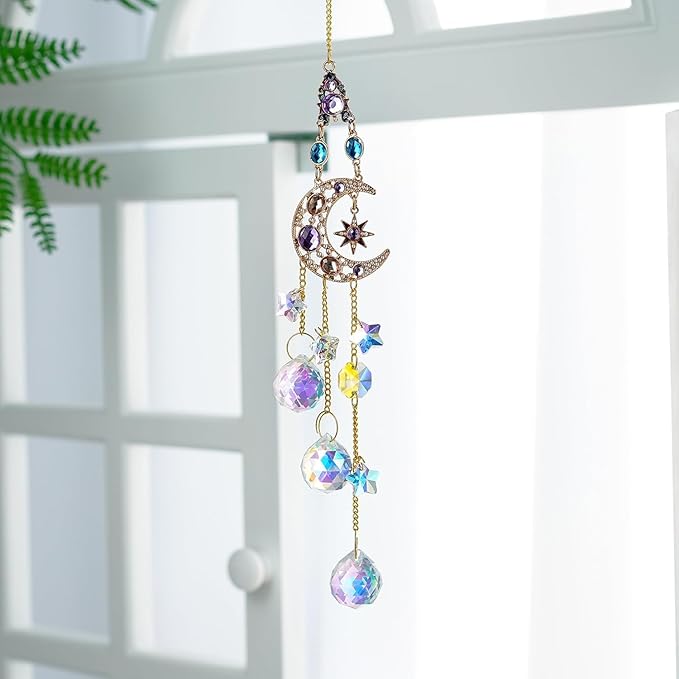 H&D HYALINE & DORA Handmade Crystal Moon&Star Prisms Suncatchers, Glass Window Hanging Ornament, Rainbow Rhinestones Decor for Home Garden Imitation Jewellery