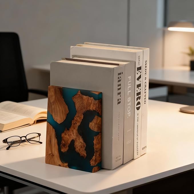 Glow in The Dark Bookends, Wood Bookends for Shelves,Blue Luminous Book Ends with Burl Wood and Resin,Decorative Book Stopper Binder and Dividers, Blue, Large,Unique Desk Decor for Home Office Library