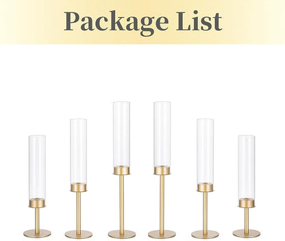Hewory Gold Candle Holders - 6Pcs Brass Hurricane Candlestick Holders with Glass Candle Cover for Wedding Table Centerpiece Christmas Decor