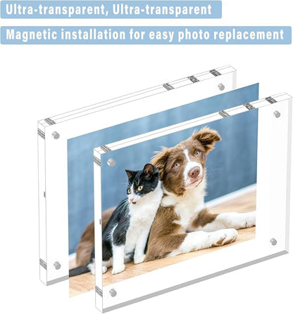 HELPLEX 5 Pack 8x8 Acrylic Picture Frames, 24mm Thicker Square Frameless Clear Frame Double Sided Magnetic Frame, Free Standing Desktop Display Stand Acrylic Frames