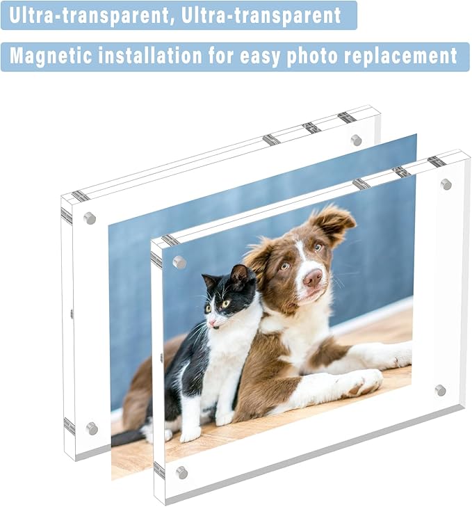 HELPLEX 2 Pack 8x8 Acrylic Picture Frames, 24mm Thicker Square Frameless Clear Frame Double Sided Magnetic Frame, Free Standing Desktop Display Stand Acrylic Frames