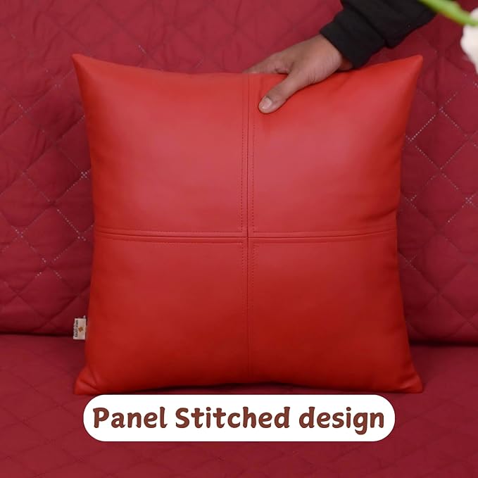 Lambskin Leather Pillow Cover, Hand Panel Stitched Leather Decorative Throw Pillow Covers for Couch Sofa Bed Living Room Garden (18x18 Inches, Cherry Red Pack of 2)
