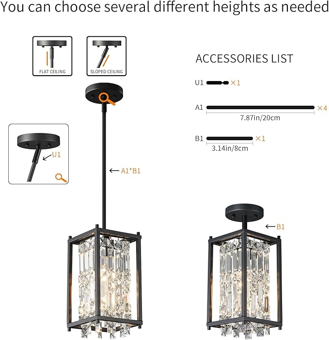 LMQNINE Modern Black Pendant Light Fixtures for Kitchen Island, Crystal Chandelier Lights Fixture, Adjustable Farmhouse Pendant Lighting for Dining Room Bedroom (Square 1-Light)