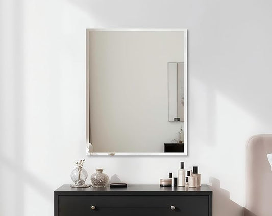 Frameless Rectangular Wall Mirror: Decorative Rectangle Mirrored Glass Vanity with Beveled Silver Edge for Bathroom Bedroom Livingroom Dining Room Entryway Hallway, 20 x 16 inch