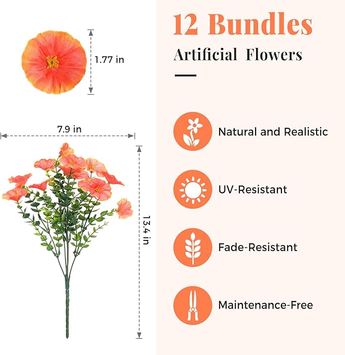 Orange Artificial Morning Glory Fall Faux Flowers for Outdoor Decoration, 12 Bundles Realistic Silk Flowers with Eucalyptus for Autumn Home Decor Patio Porch Garden Planter Window Box Yard