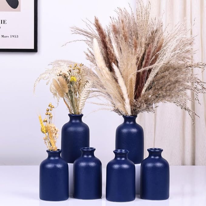 Blue Bud Vases Set of 6 - Mini Blue Ceramic Vases for Flowers, Modern Bud Vase for Table Decor, Boho Small Vase for Home Decor, Centerpieces in Bulk for Wedding, Home, Table, Party Decor