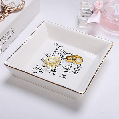 Jewelry Tray Ceramic Trinket Dish Ring Funny Birthday Gifts for Women Unique New Job Spiritual Congratulations Gift Best Friend Mom Friendship Office Decor,She Believed She Could So She Did