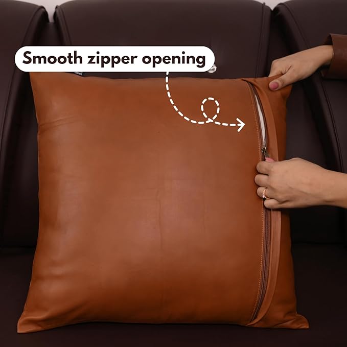 D DOLLY LAMB Lambskin Leather Pillow Cover - Sofa Cushion Case - Decorative Throw Covers for Living Room & Bedroom, 16x16 Inches - Camel Antique Plain