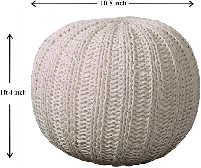 LR Home Beige Cableknit Round Cotton Ottoman for Home Décor | Hand-Made Farmhouse Foot Rest for Bedroom & Living Room Décor | 20 x 20 x 16 Stuffed Pouf for Seating