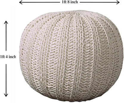 LR Home Beige Cableknit Round Cotton Ottoman for Home Décor | Hand-Made Farmhouse Foot Rest for Bedroom & Living Room Décor | 20 x 20 x 16 Stuffed Pouf for Seating