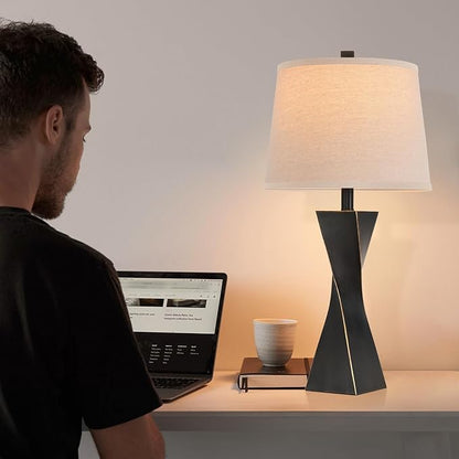 Bedside Lamps Set of 2 Unique Modern Vintage Table Lamp Rustic Farmhouse Desk Lamps for Living Room End Tables Bulb Not Included, Linen Shade, 26.5 in,Black Gold
