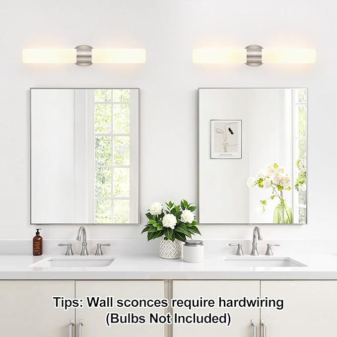 Wall Sconces Set of Two, Modern Bathroom Sconces Wall Lighting with Milky White Glass, Brushed Nickel Sconces Wall Decor Set of 2 for Bathroom Mirror Bedroom Living Room Hallway