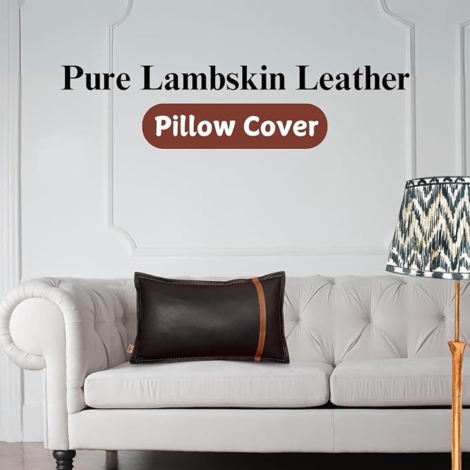 Genuine Lambskin Leather Pillow Cover, 18x26 Inch Case for Lumbar Throw Couch Pillows, Thick & Soft Cushion Covers for Sofa Bed Home Decor (Black & Tan Box Pack of 1)