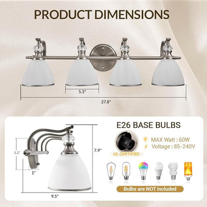 ANDY STAR Bathroom Light Fixtures Over Mirror, 4-Light Brushed Nickel Vanity Lights for Bathroom, 27.8 Inch Vintage Wall Sconce with Milk White Bell Glass Shades, Rustproof Silver Finish, E26 Base