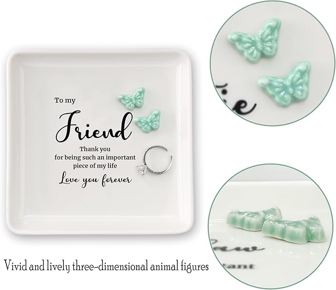 HOME SMILE Friend Birthday Christmas Gifts for Women-Butterfly Ring Dish Jewelry Tray-Friend Gift for Galentines Day Gradutinon Fareweell Present-Thank You for Being Such An Important Piece