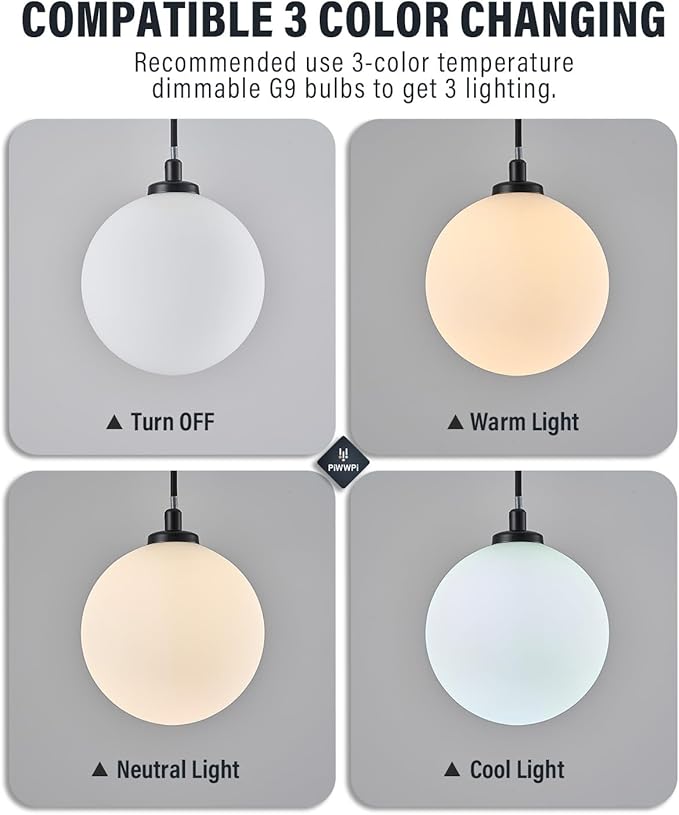 Mid Century Modern Chandelier, 1- Light Globe Glass Ceiling Hanging Chandelier, Black Pendant Light, White Spherical Blackout Bedside Lamp for Kitchen Island, Bedroom, Living Room, Dining Room