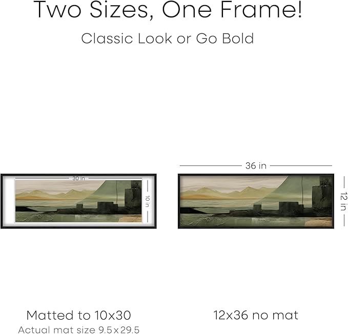 Homeforia 12x36 Black Wood Picture Frame, High End Oak 12x36 Poster Frames with Mat 10x30 Art, 12 x 36 Black Wooden Frames Matted to 10 by 30, 36x12 Panoramic Frame, Tempered Glass, Wall Kit, Set of 1