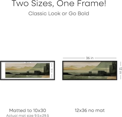Homeforia 12x36 Black Wood Picture Frame, High End Oak 12x36 Poster Frames with Mat 10x30 Art, 12 x 36 Black Wooden Frames Matted to 10 by 30, 36x12 Panoramic Frame, Tempered Glass, Wall Kit, Set of 1