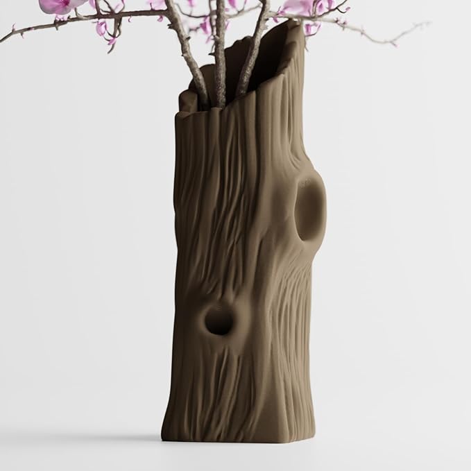 3D Printed Tree Trunk Vase, Realistic Bark Texture Sculptural Vase, Asymmetric Planter for Dried Flowers, Natural Wood Look Home Decor (2.87"x 2.76" x 7.87")