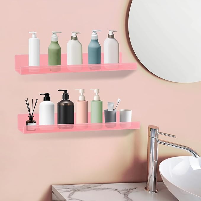 Dezzer 4 Pack Acrylic Shelves for Wall, 15" Acrylic Floating Shelves for Bathroom Bedroom, Invisible Bookshelf Wall Ledge Storage Shelf Books Perfume Toys Action Figure Display Shelves, Pink