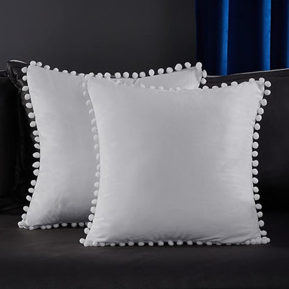 Deconovo Velvet Throw Pillow Covers, Set of 2, 22” x 22” Light Gray, Comfortable Square Pom-poms Soft Hidden Zipper Cover for Bedroom