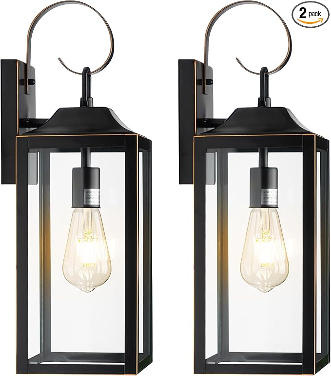 Dusk to Dawn Outdoor Wall Light, 19" Large Outdoor Light Fixture 2 Pack, Black Exterior Light Fixtures Wall Sconces Porch Lights, Waterproof Outdoor Lighting for House, Garage -with Gold Trim