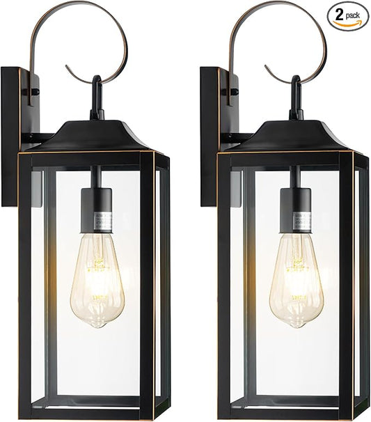 Dusk to Dawn Outdoor Wall Light, 19" Large Outdoor Light Fixture 2 Pack, Black Exterior Light Fixtures Wall Sconces Porch Lights, Waterproof Outdoor Lighting for House, Garage -with Gold Trim