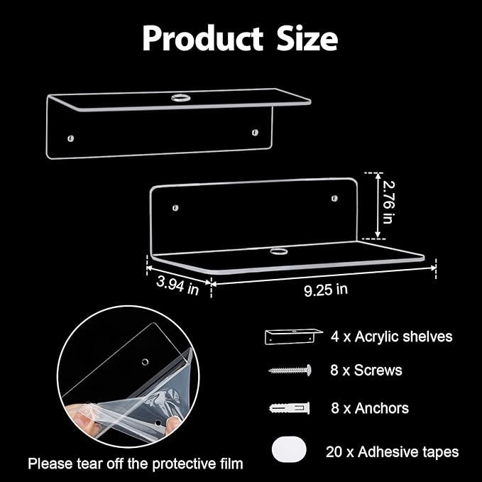 9 Inch Acrylic Floating Shelf, No Drill Adhesive Wall Shelf Set of 4 for Storage, Floating Shelves Damage-Free Expand Wall Space for Living Room, Office, Gaming Room, Bathroom