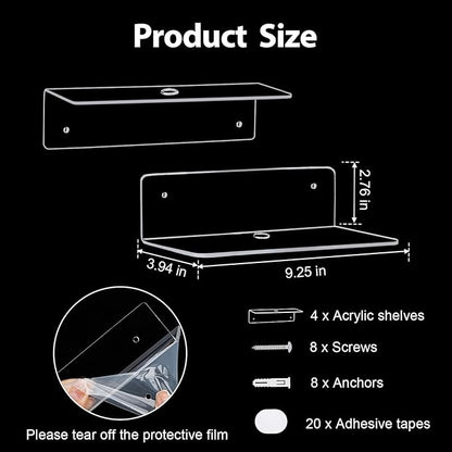 9 Inch Acrylic Floating Shelf, No Drill Adhesive Wall Shelf Set of 4 for Storage, Floating Shelves Damage-Free Expand Wall Space for Living Room, Office, Gaming Room, Bathroom