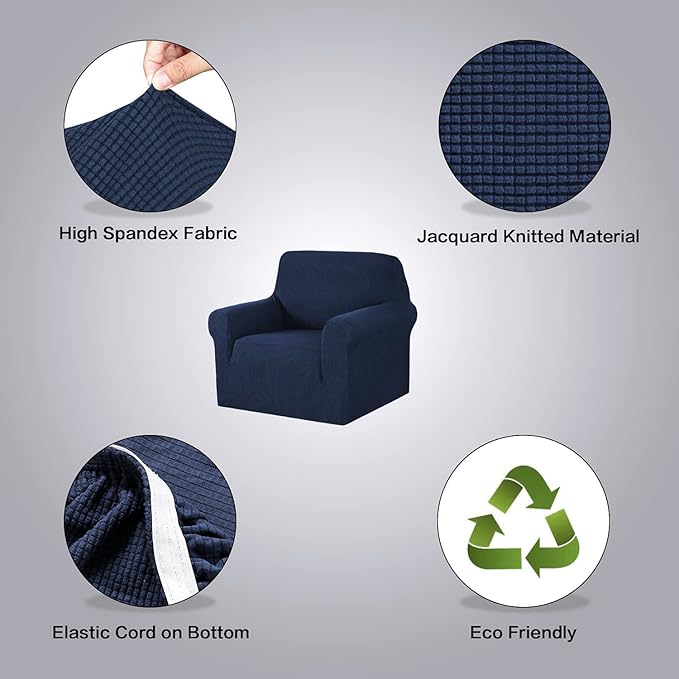 H.VERSAILTEX Stretch Chair Cover 1 Piece Armchair Slip Covers for Sofas/Couches with Elastic Bottom Soft Thick Furniture Protector for Dogs Cats Jacquard Small Checked(Armchair 31"-40", Navy)
