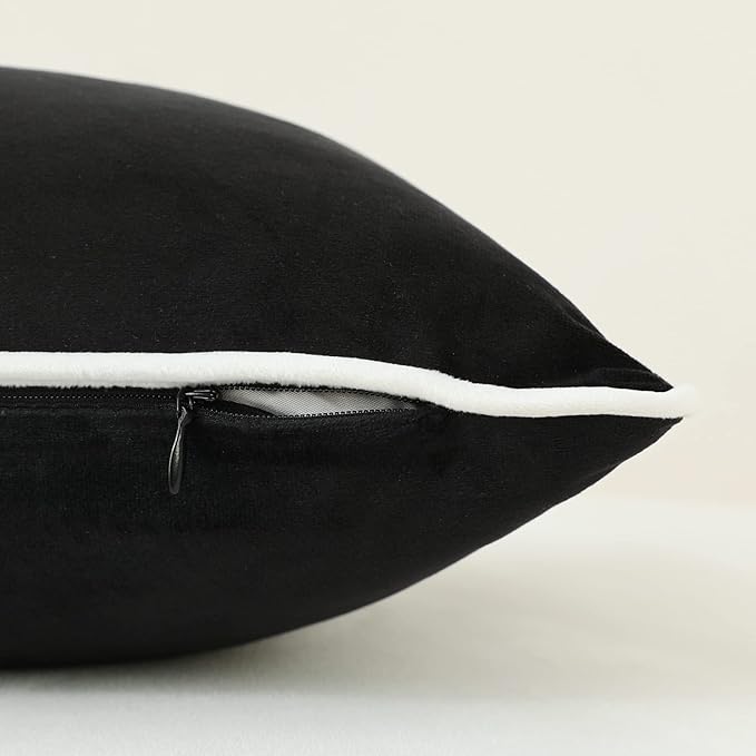 LIGICKY Set of 2 Black Velvet Lumbar Pillow Covers Modern Minimalist Style Solid Decorative White Rope Edging Soft Rectangle Cushion Cases for Sofa Bedroom Party Décor, 12 x 20 inch