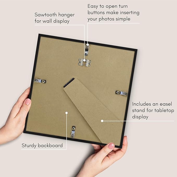 Americanflat 11x11 Picture Frame with Shatter-Resistant Glass - Use as 8x8 Frame with Mat or Display 11x11 Photo Without Mat - Streamline Collection - Thin Border Square Frames for Wall - Black
