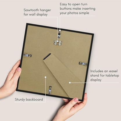 Americanflat 11x11 Picture Frame with Shatter-Resistant Glass - Use as 8x8 Frame with Mat or Display 11x11 Photo Without Mat - Streamline Collection - Thin Border Square Frames for Wall - Black