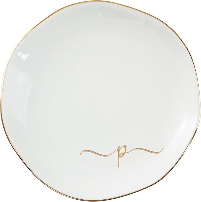 InnoBeta Ceramic Jewelry Tray, Decorative Trinket Dish for Rings Earrings Necklaces Bracelet Watch Keys, Birthday for Women, Mother's Day Christmas Gift for Women, 4.75", White Surface Gold (P)