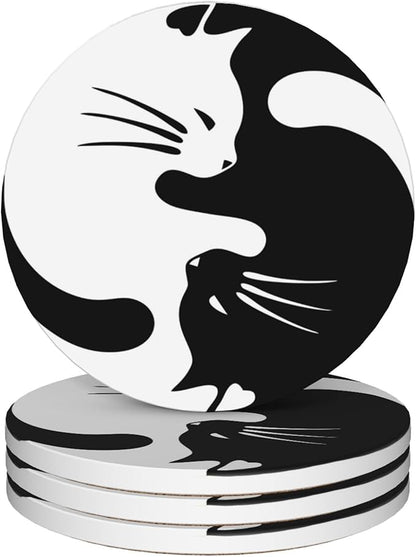 Coasters for Drinks,Black and White Cat Ying Yang Absorbent Coaster Set of 4 with Cork Base,Ceramic Drink Coasters for Cold Drinks Wine Glasses Cups Mugs,Housewarming Gifts for Home Decor